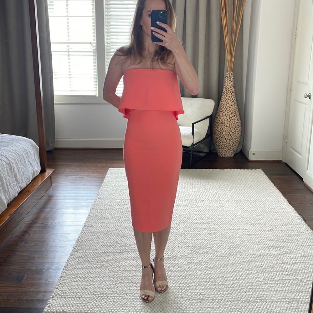 Likely Coral Strapless Midi Dress